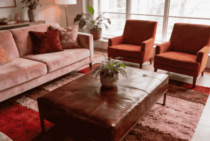 red pink brown living room