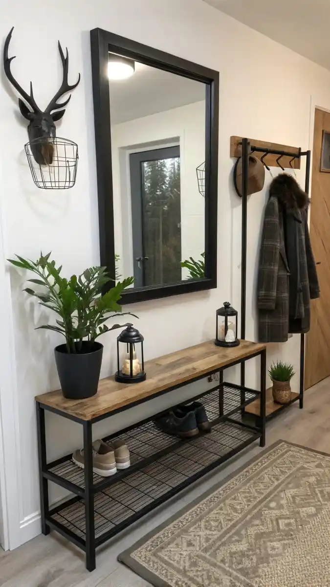 charming shoe rack in living room entryway