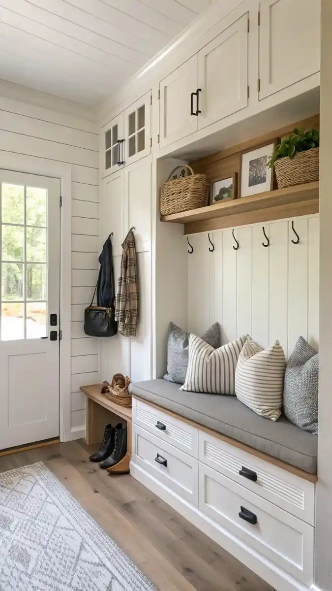 cozy shoe rack in living room entryway