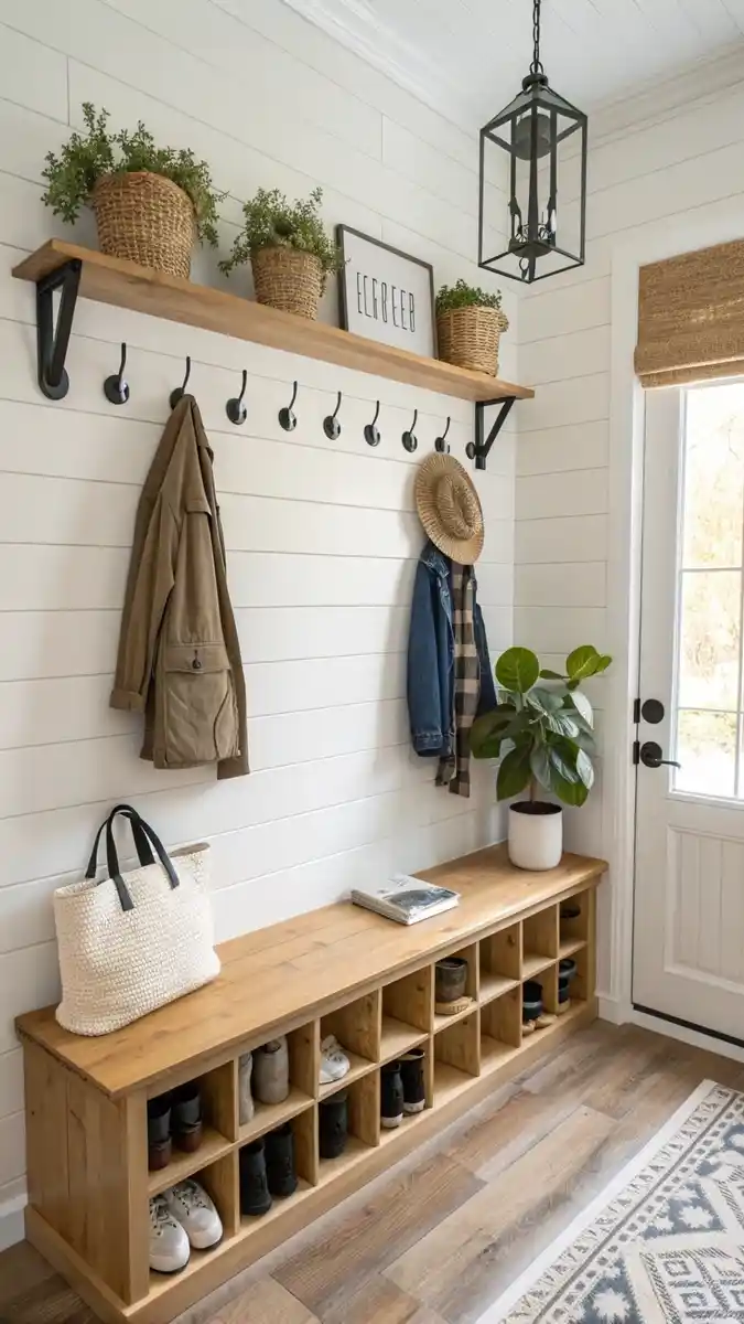 stylish shoe rack in living room entryway