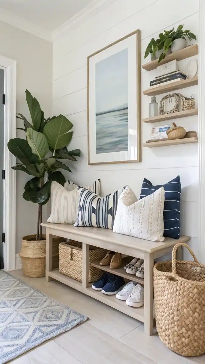 modern shoe rack in living room entryway