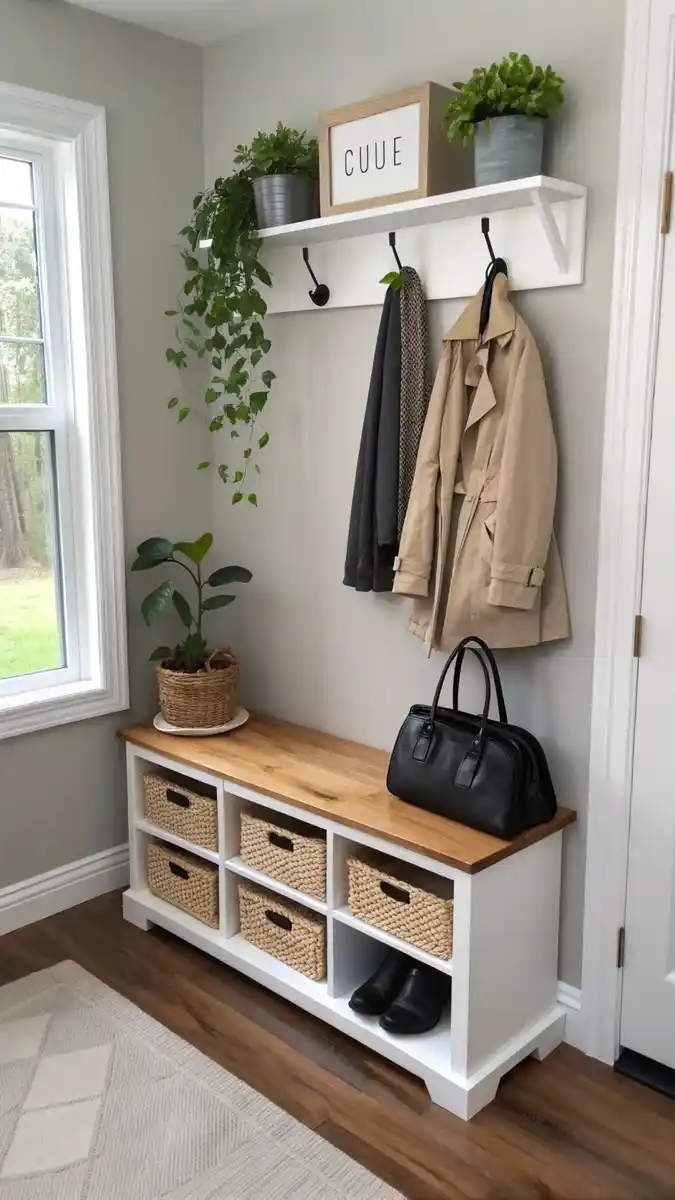 inviting shoe rack in living room entryway