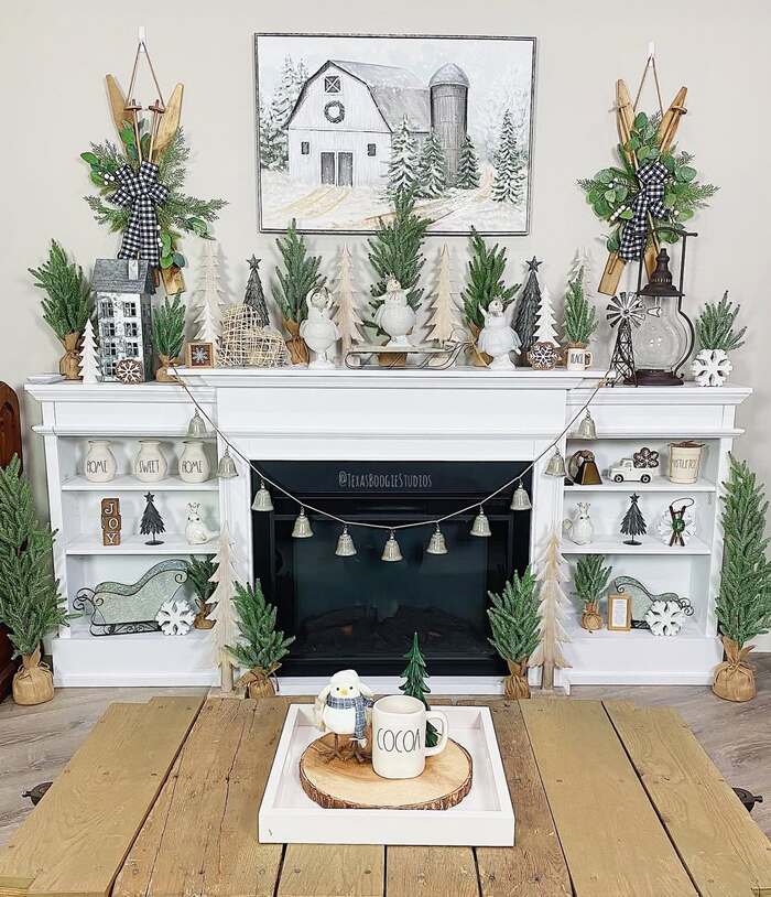 Winter fireplace decor after christmas